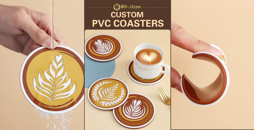 Three images show custom PVC coasters: one is rinsed with water, one supports a coffee cup (perhaps a dirty chai latte), and one is bent to display flexibility. Text reads: "Custom PVC Coasters.