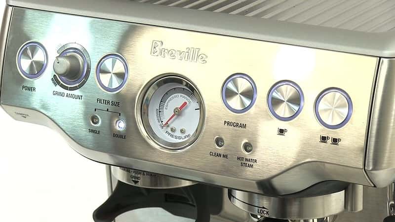 Close-up of the pressure gauge of the Breville Barista Express