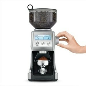 Alt-text: Adjust the grind setting with the dial on the side of the Breville Smart Grinder Pro