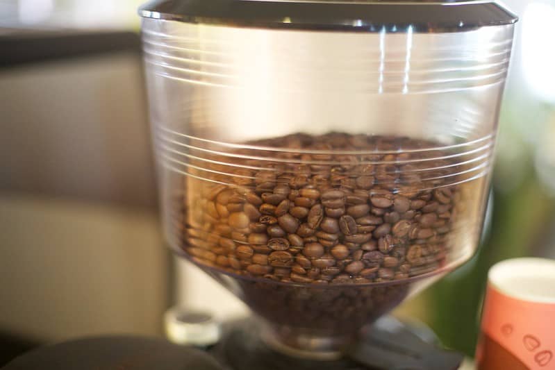 Blonde roast beans in the bean hopper of the espresso machine