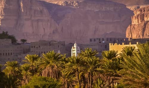  Islamic buildings and palm trees in Yemen