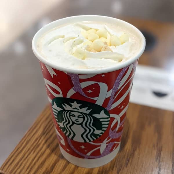 Toasted White Chocolate Mocha in a branded Starbucks cup