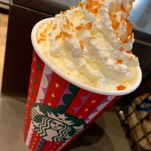  Caramel Brulée Latte in a branded Starbucks cup