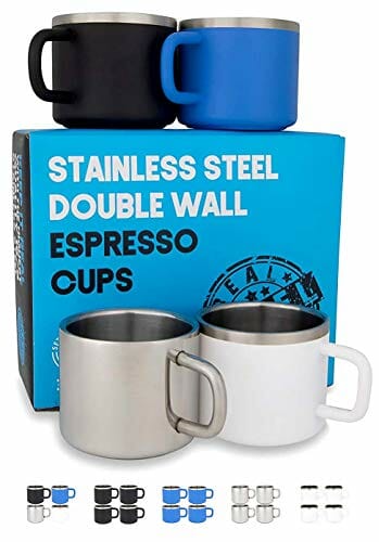 Stainless Steel Espresso Cups: Set of 4 Double Wall Insulated 3 oz Small Metal Cups with Handle