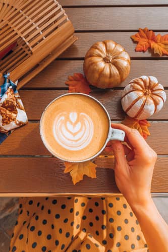 Aerial shot of a pumpkin spice latte next to seasonal fall décor
