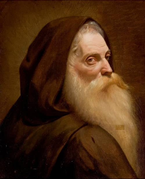Artistic depiction of the face of an elderly bearded Capuchin monk dressed in brown robes