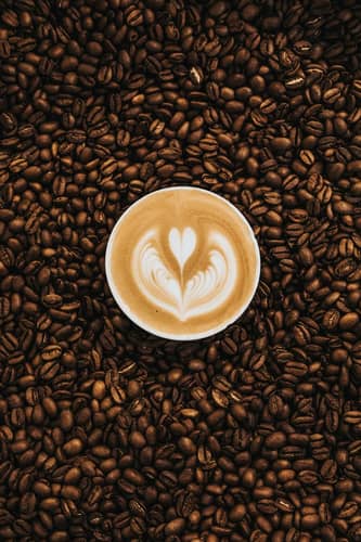What is a cappuccino: Aerial shot of a cappuccino with coffee art on the foam on top of roast coffee beans