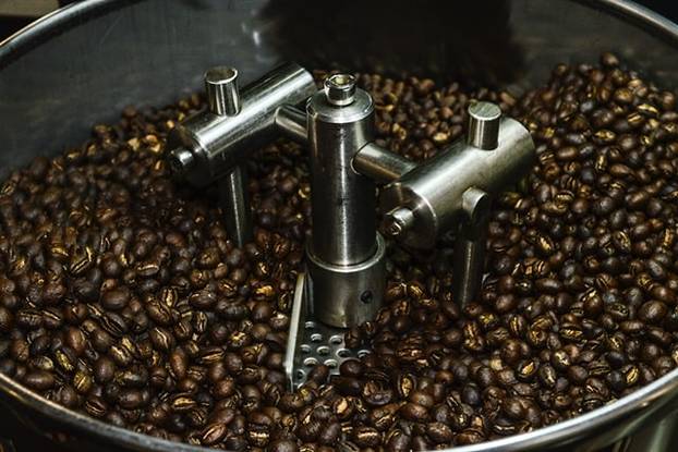 Roasting coffee at the first crack stage in a roaster when coffee beans turn brown and open up
