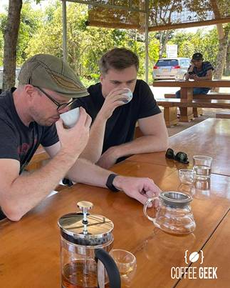 Coffee geek team drinking coffee at the coffee farm in Buon Ma Thuot city, Vietnam