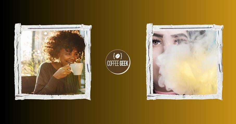 Two pictures of a woman smoking a cigarette and drinking coffee.
