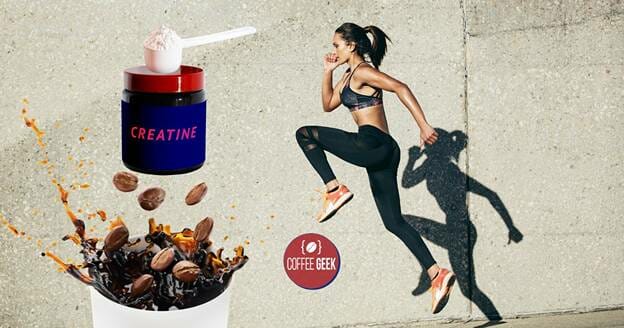 A woman is running with a cup of coffee and a bottle of creatine.