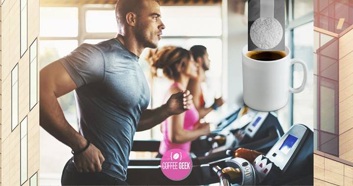 A man is running on a treadmill with a cup of coffee.