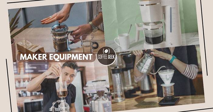 A coffee maker equipment with several pictures of people making coffee.