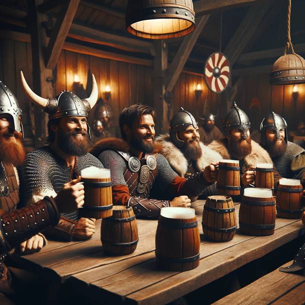 A group of vikings drinking beer at a table.