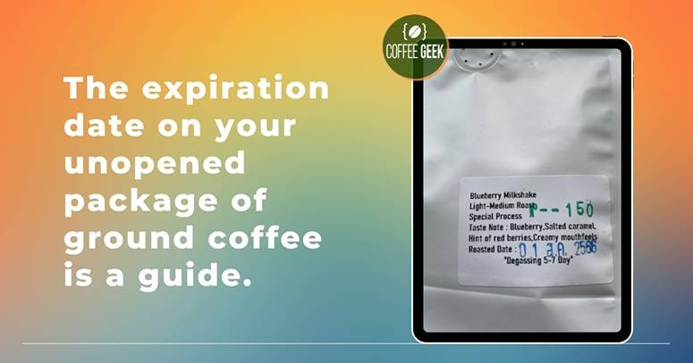 The expiration date on your unopened package of ground coffee is a guide.