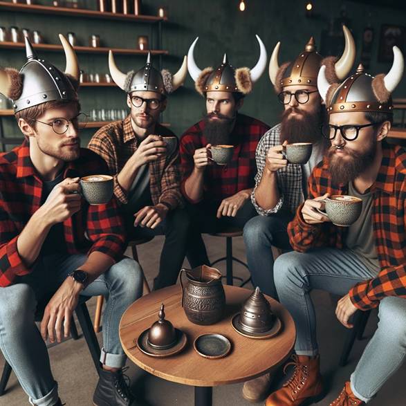 Men in viking hats drinking coffee in a cafe.