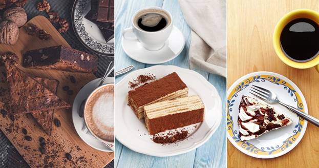 A collage of different types of desserts and coffee.