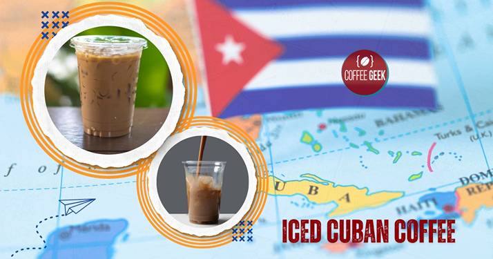A cup of iced cuban coffee with a map of cuba.