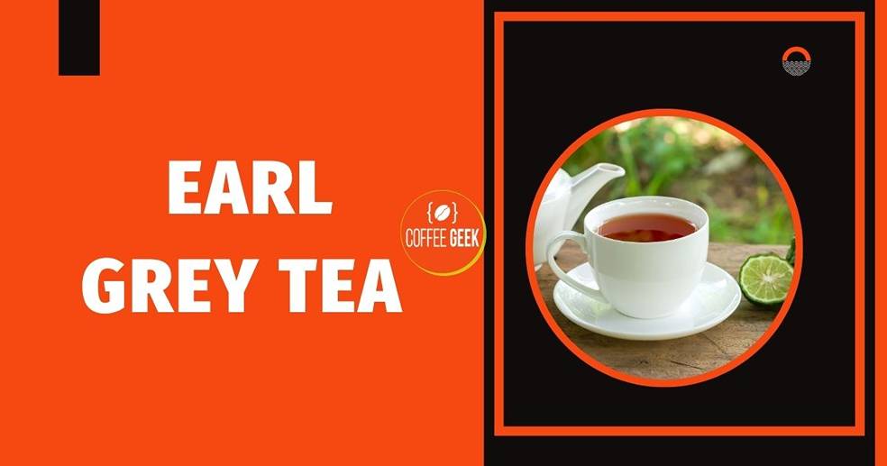 Earl grey tea with orange and black background.