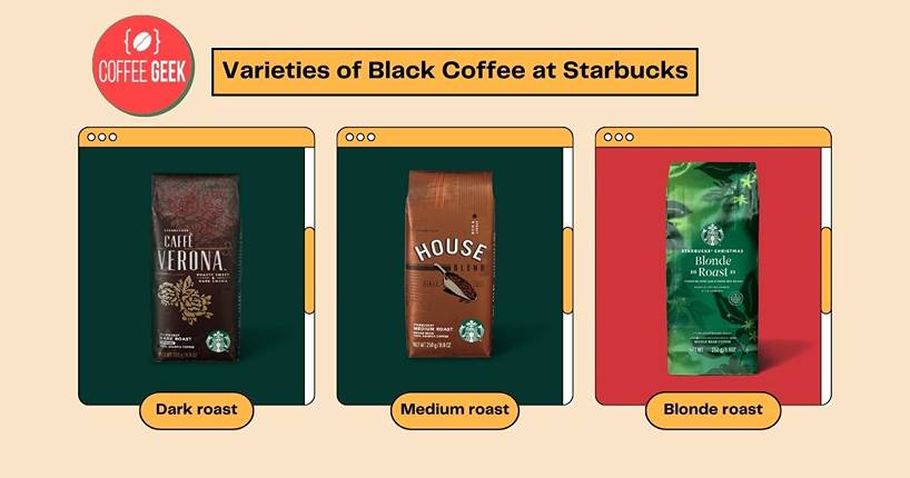 Varieties of black coffee at starbucks.