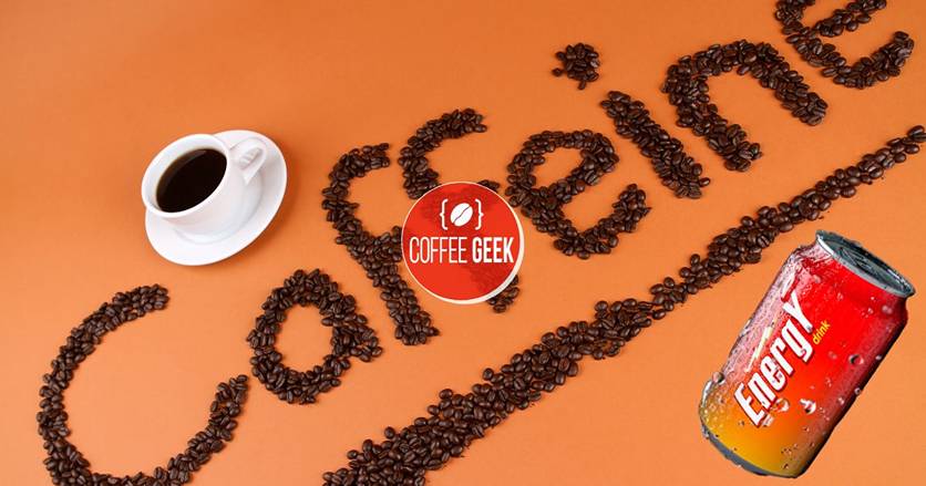 A cup of coffee with the word caffeine spelled out on an orange background.