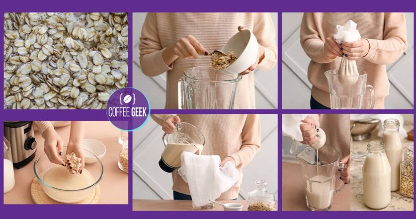A series of pictures showing how to make oat milk.
