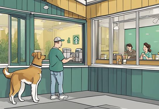 An illustration of a dog standing in front of a starbucks.