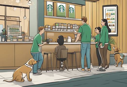 A group of people in green shirts are standing in front of a starbucks.