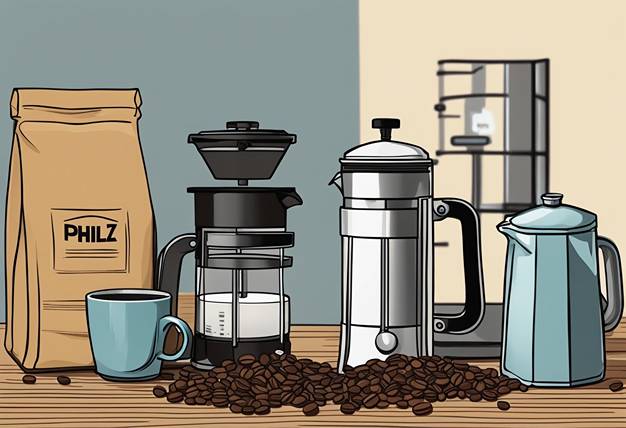A coffee maker, coffee beans, and a bag of coffee on a table.