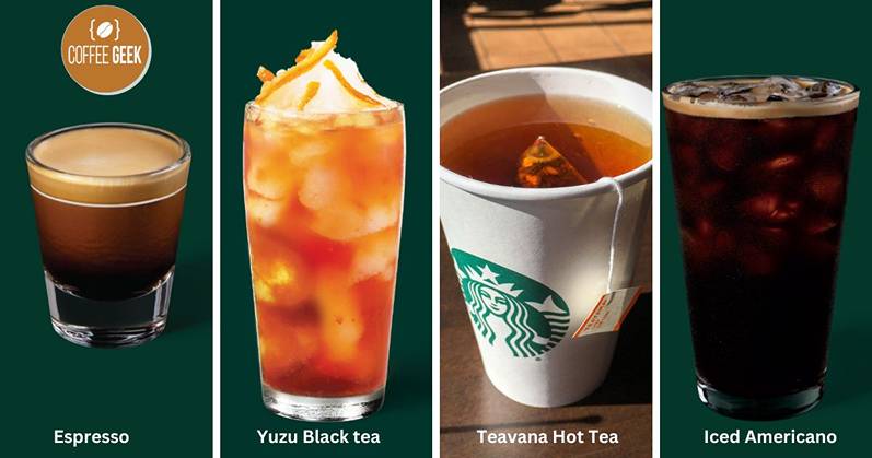 Starbucks teas and coffees are shown in a collage.