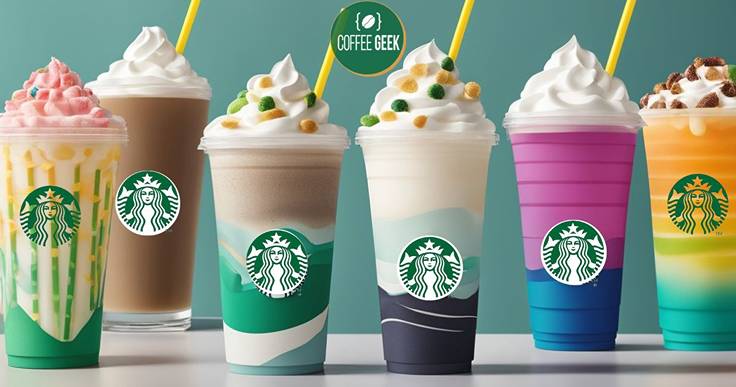 Five starbucks drinks are lined up on a table.