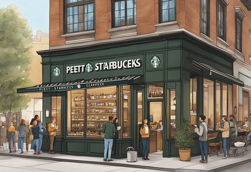 A painting of a starbucks store with people outside.