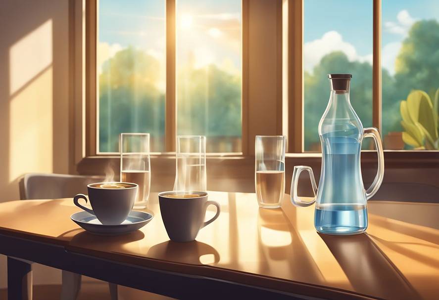 A cup of coffee and a bottle of water on a table.