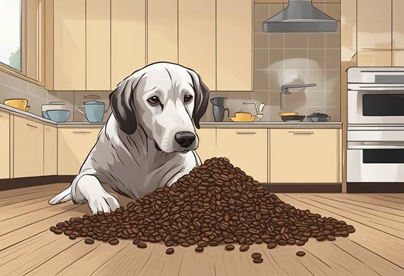 A dog is sitting on a pile of coffee beans in a kitchen.