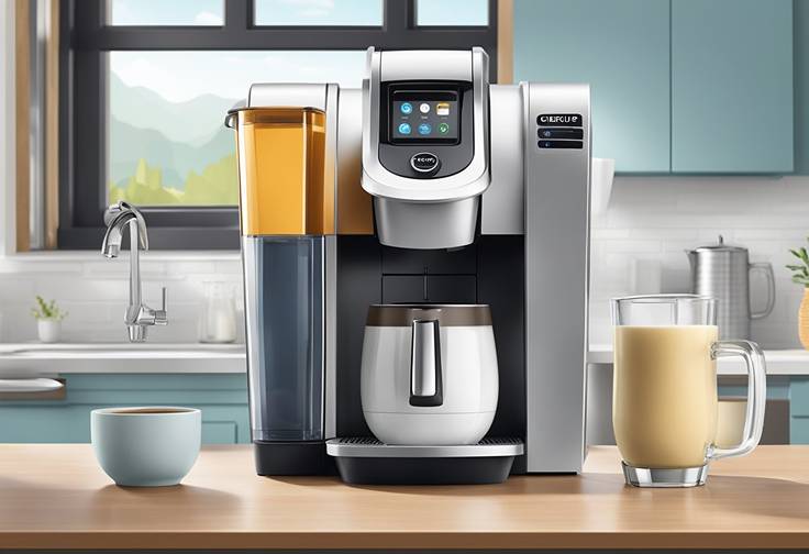 A keurig coffee maker is sitting on a kitchen counter.