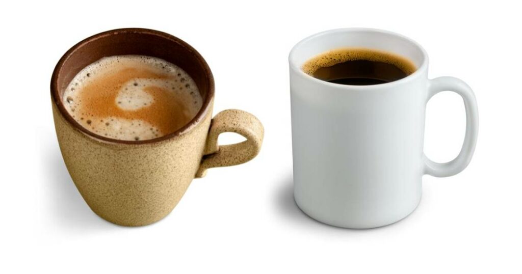 A cup of coffee and a cup of tea on a white background.