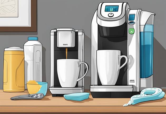 A keurig coffee maker and other items on a table.