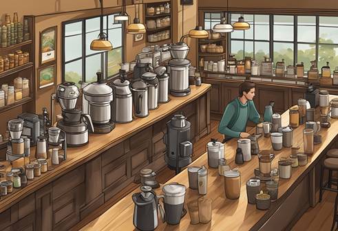 A cartoon illustration of a coffee shop.