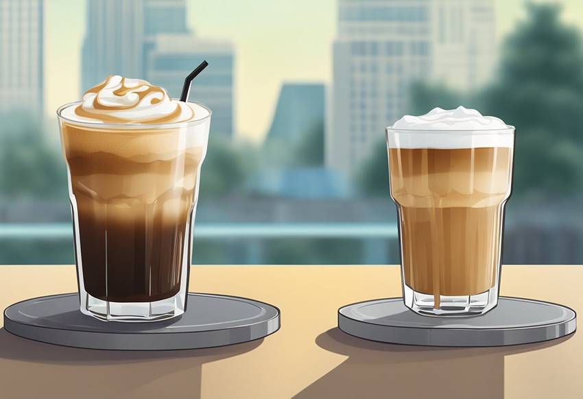 Two iced coffees on a table with a city in the background.