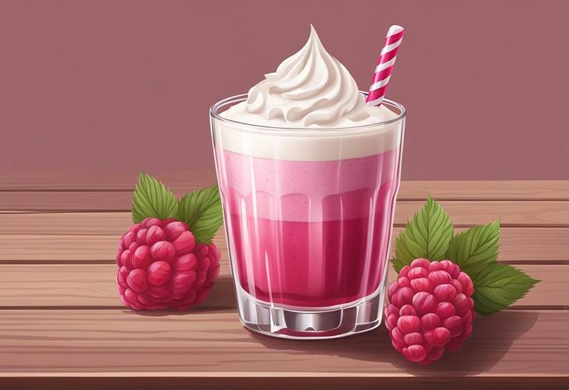 A raspberry milkshake with whipped cream and raspberries on a wooden table.