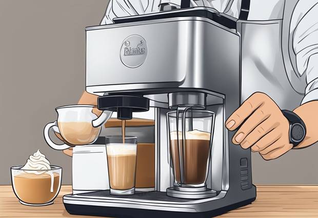 An illustration of a coffee maker with a cup of coffee.