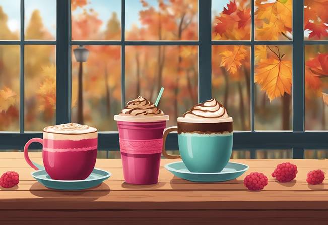 Three coffee cups on a wooden table with autumn leaves and raspberries.