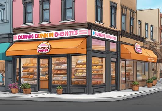 A dunkin donuts store on the corner of a street.