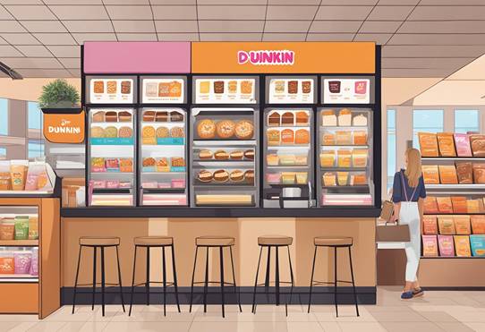The interior of a donut shop.