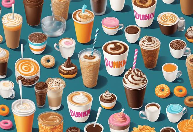 A seamless pattern of coffee drinks and donuts.