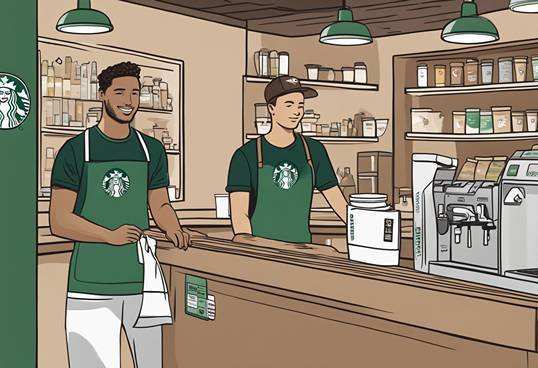 Two men standing at the counter of a starbucks.