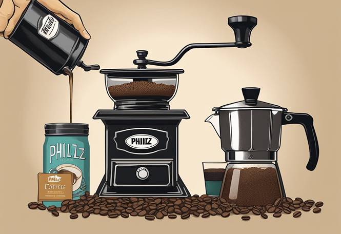 An illustration of a coffee grinder and a cup of coffee.