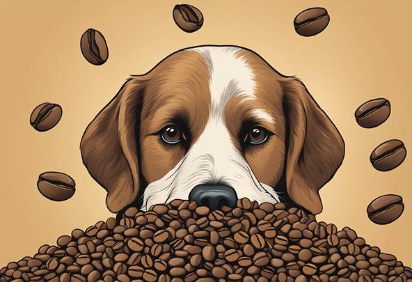 A beagle dog with coffee beans in his mouth.