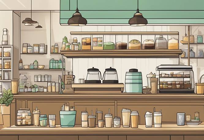 An illustration of a coffee shop with various items on the counter.