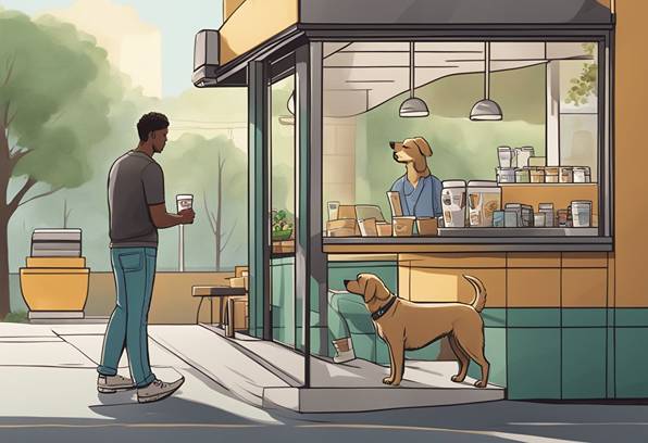 An illustration of a man and a dog in front of a coffee shop.